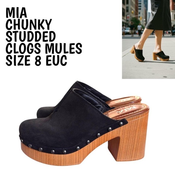 MIA Shoes - MIA Black Suede Studded Wooden Platform Clogs